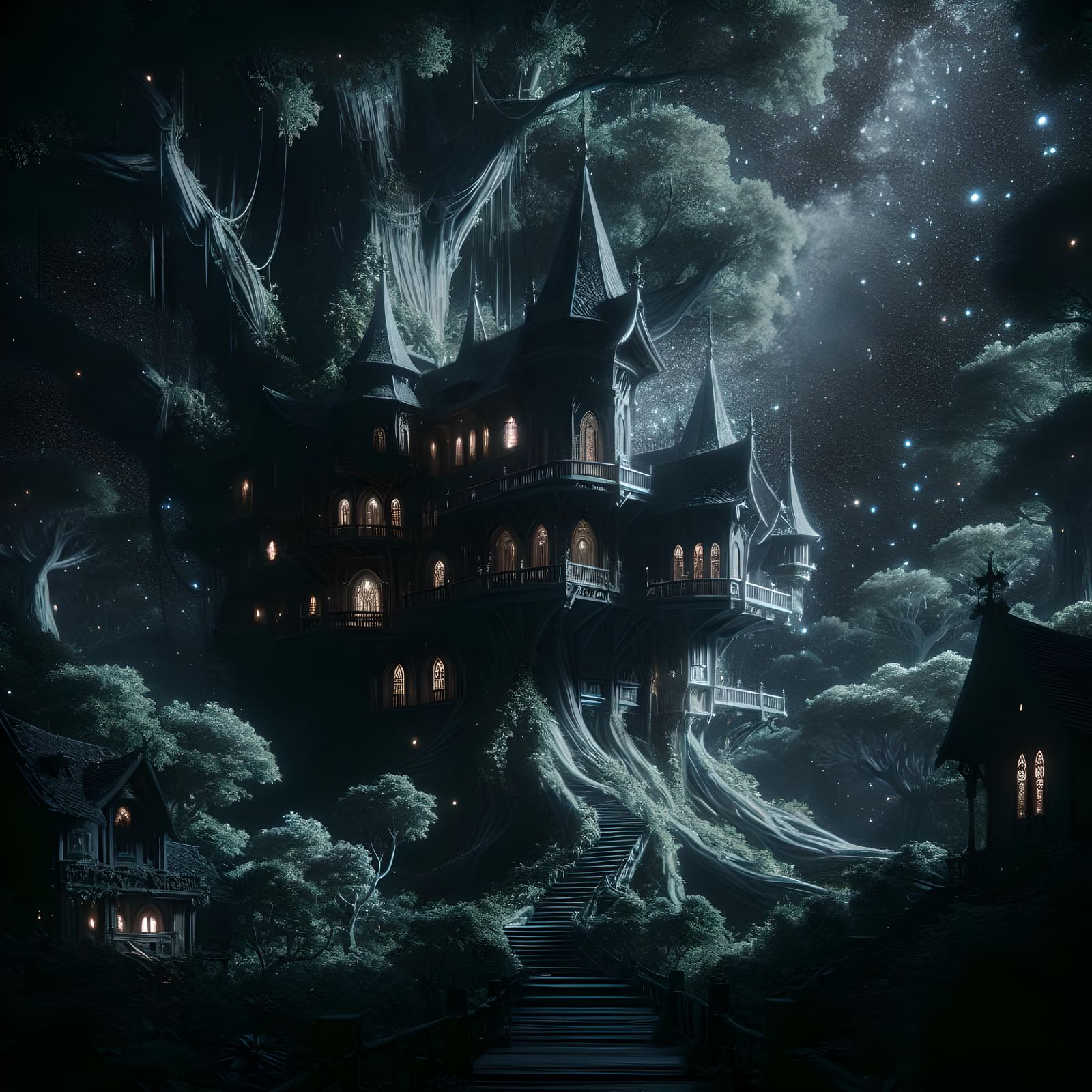 Dark faerie treehouse mansion in a fantasy forest, starry st...