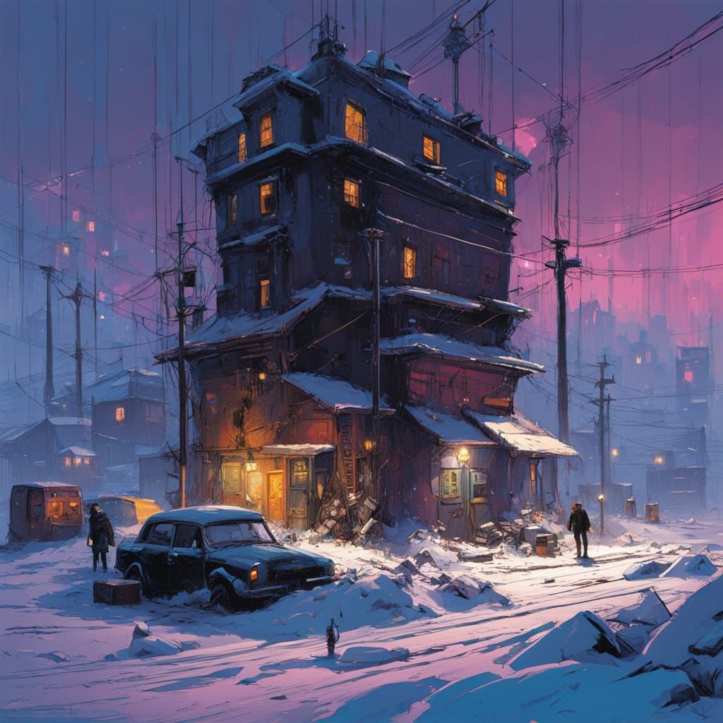 Ethereal Frostpunk Metropolis in a Blinding Snowstorm