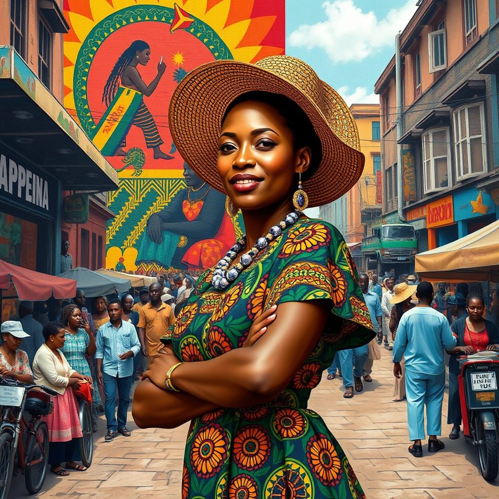 African Woman Posing Before Colorful Cultural Mural
