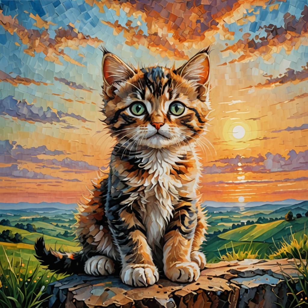 Kitten Basking at Sunset in Minimalist Painting Style