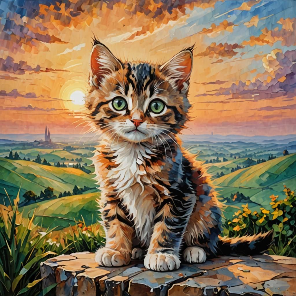 Kitten Basking in Sunset: Minimalist Ink Painting