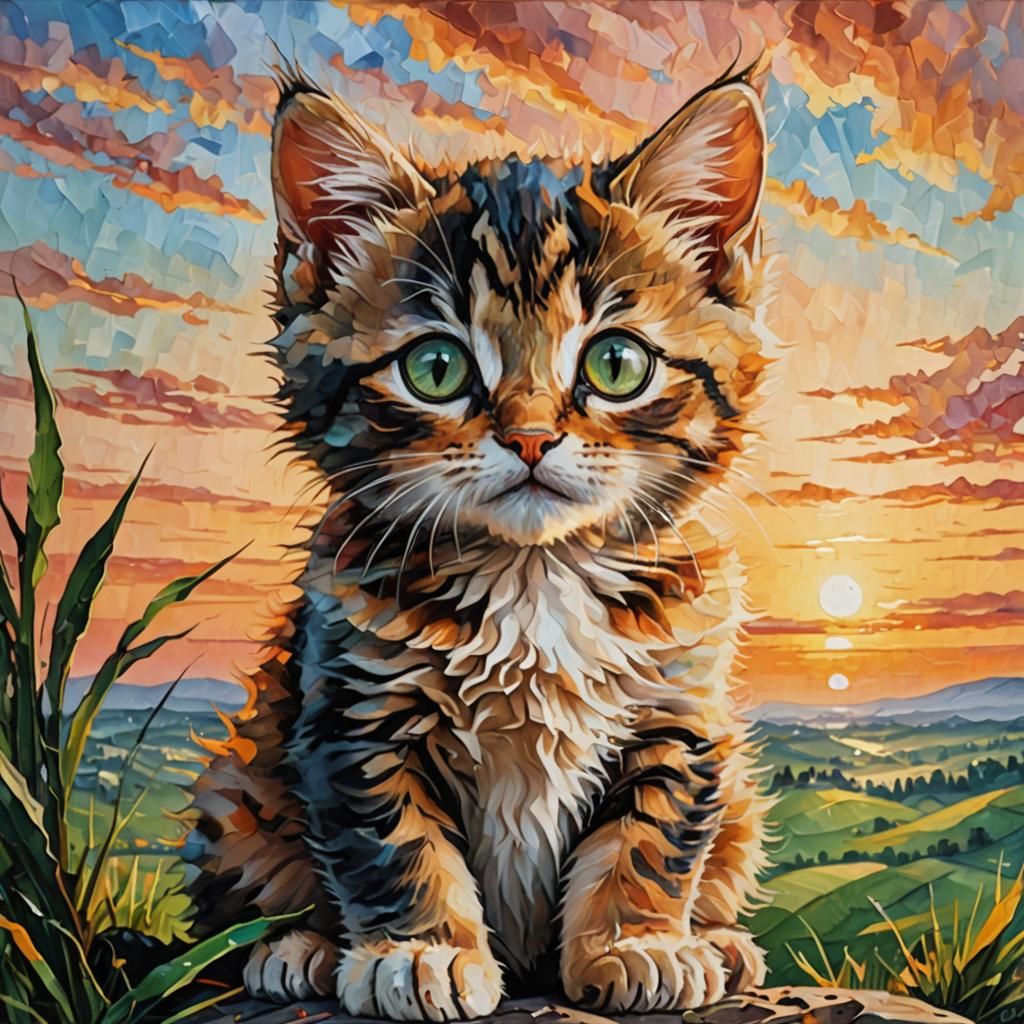 Kitten Basking in Sunset: Ink Painting Style