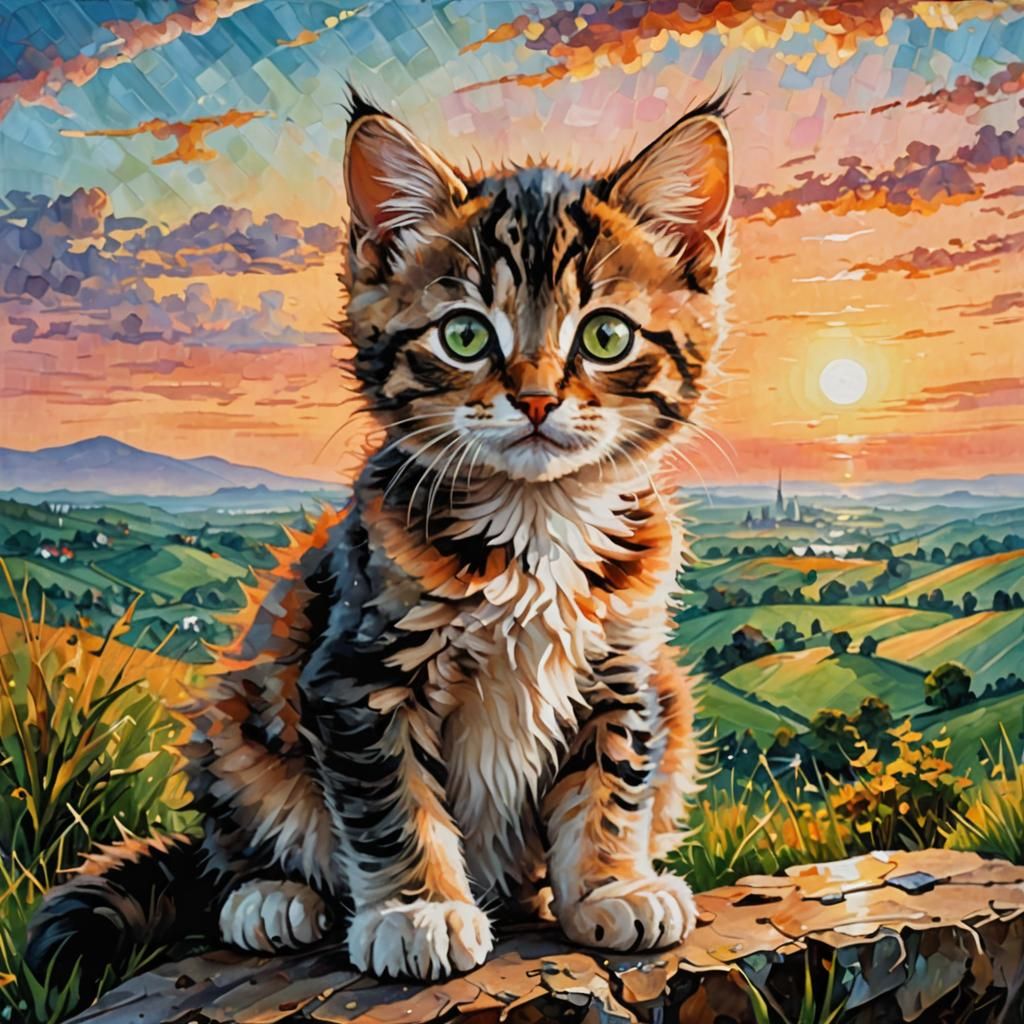 Kitten Basking in Sunset: Minimalist Ink Painting