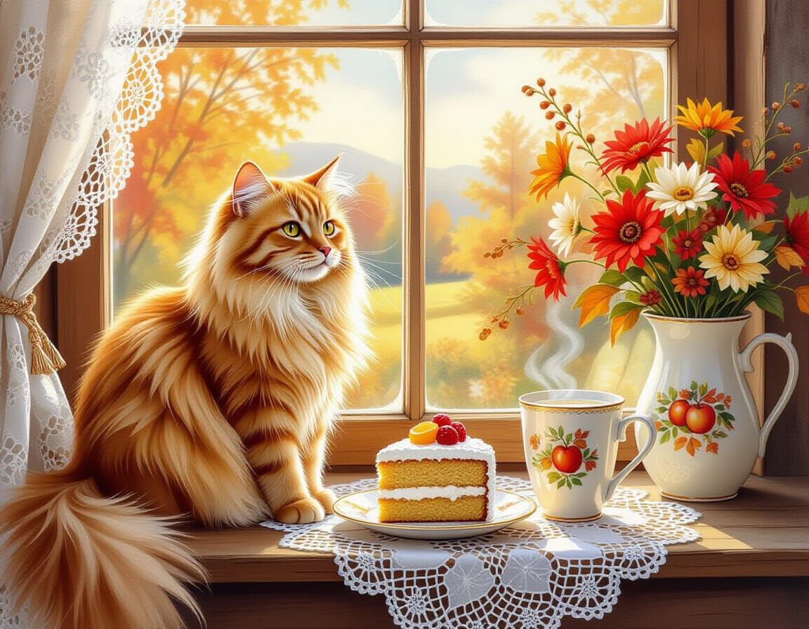 Fluffy Cat on Lace Window Sill with Autumn Cake