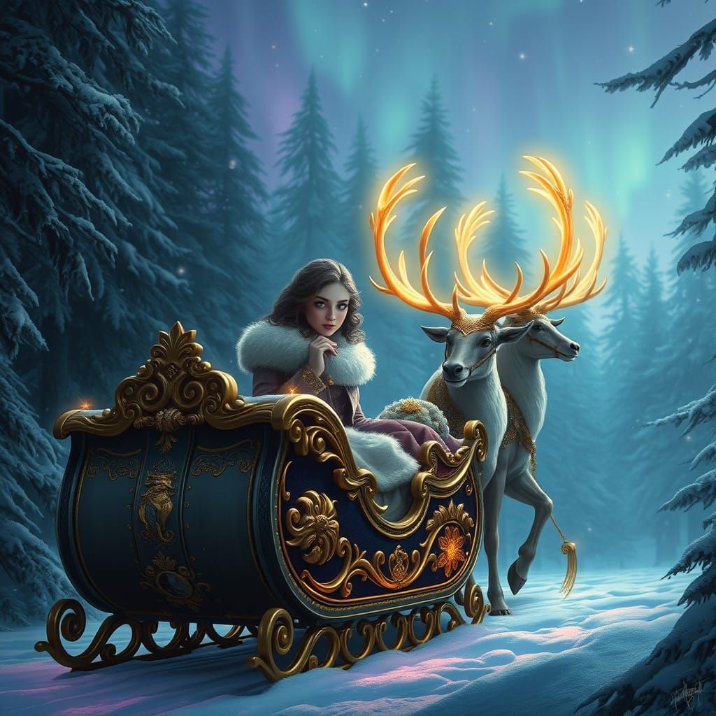 Sapphire Princess in Emerald Winter Forest with Amethyst Aur...