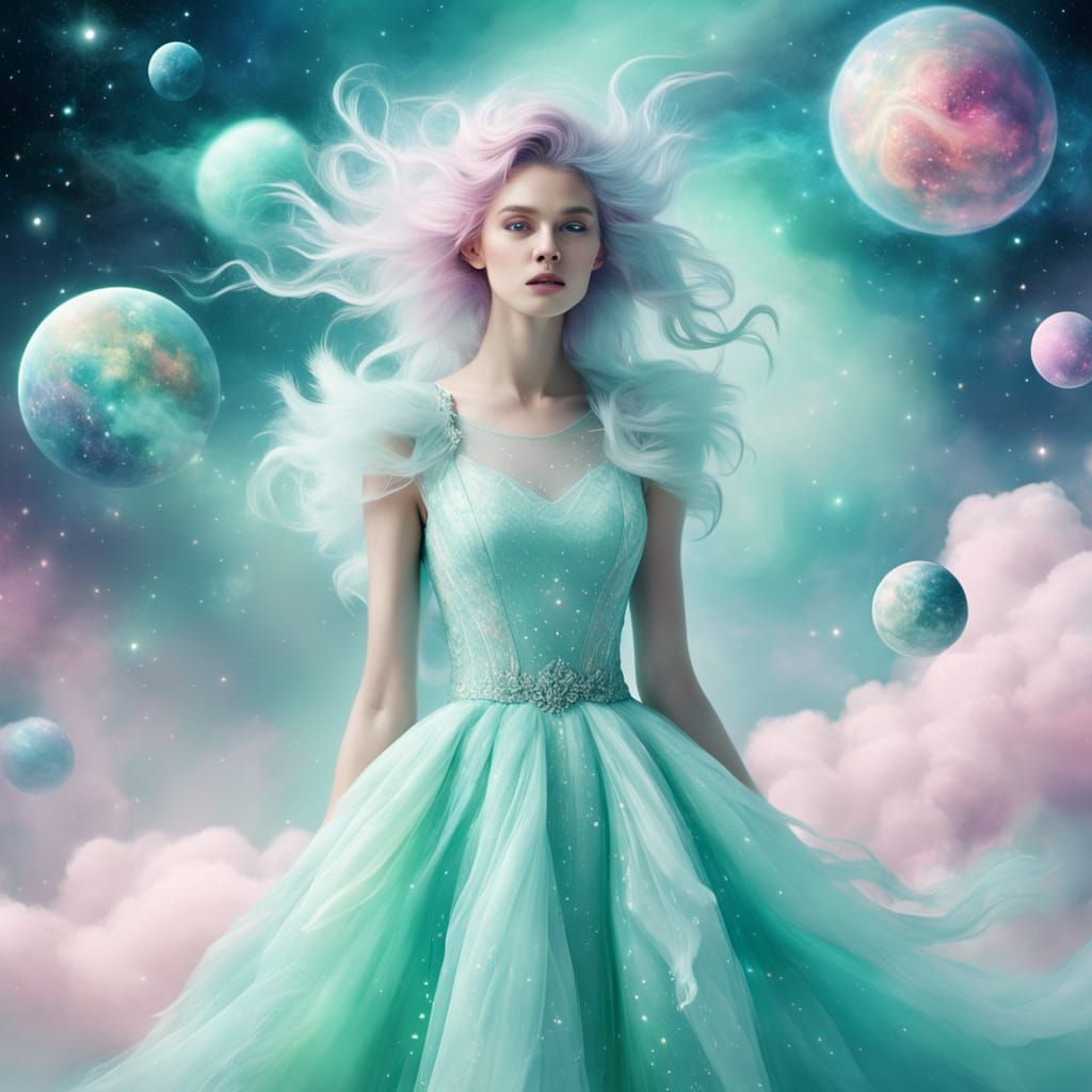 Celestial Goddess in Vibrant Cosmic Gown Walks on Cloudy Run...