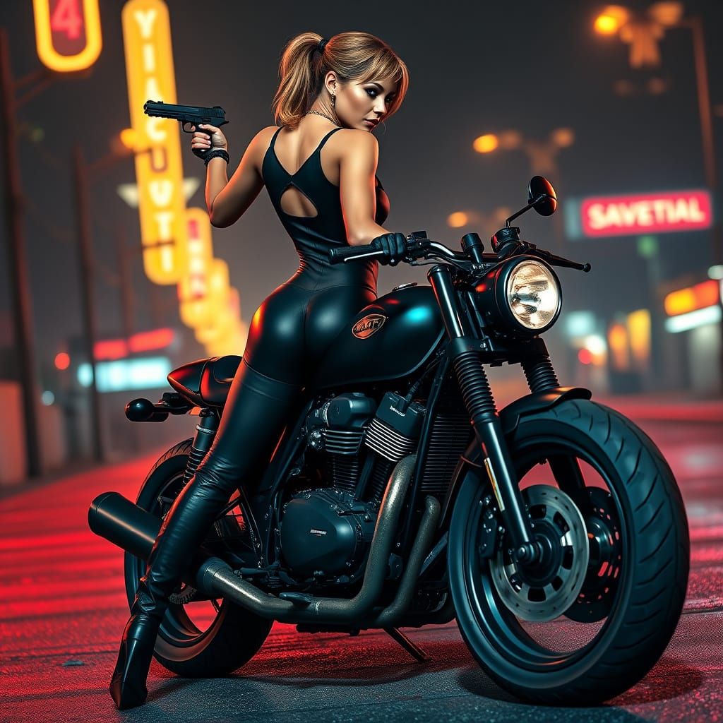 Cyberpunk Biker Shoots Backwards in Neon Noir