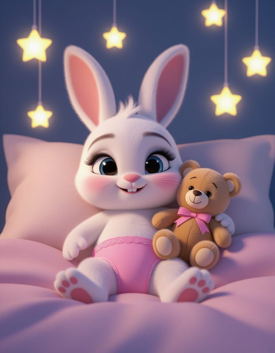 Cute Rabbit in Diaper with Teddy Bear, 3D Animation Style