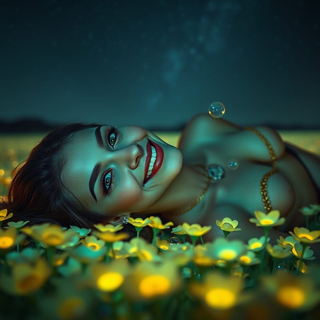 Young Woman in Enchanted Bioluminescent Garden Under Starry ...