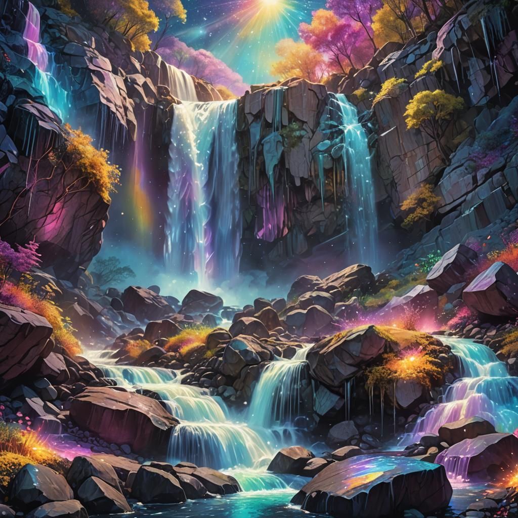 Cosmic Waterfall Illustration in Pablo Amaringo Style
