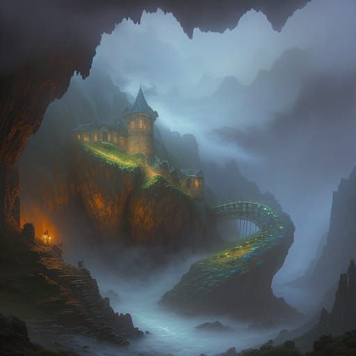 Hydra in Stone Cave: Ethereal Fantasy Art
