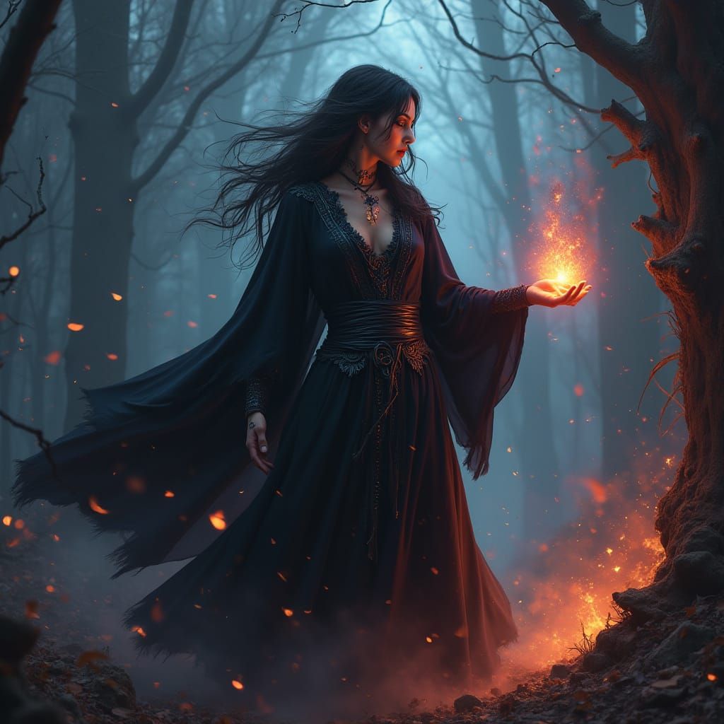 Mystical Sorceress Casting Spell in Enchanted Forest