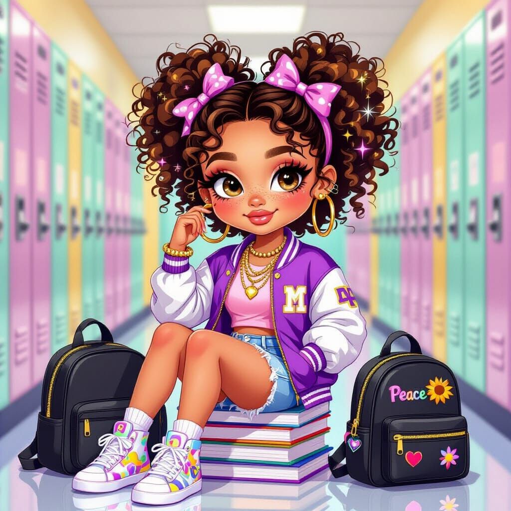 Creole Girl in School Hallway, Chibi-Inspired 3D Cartoon