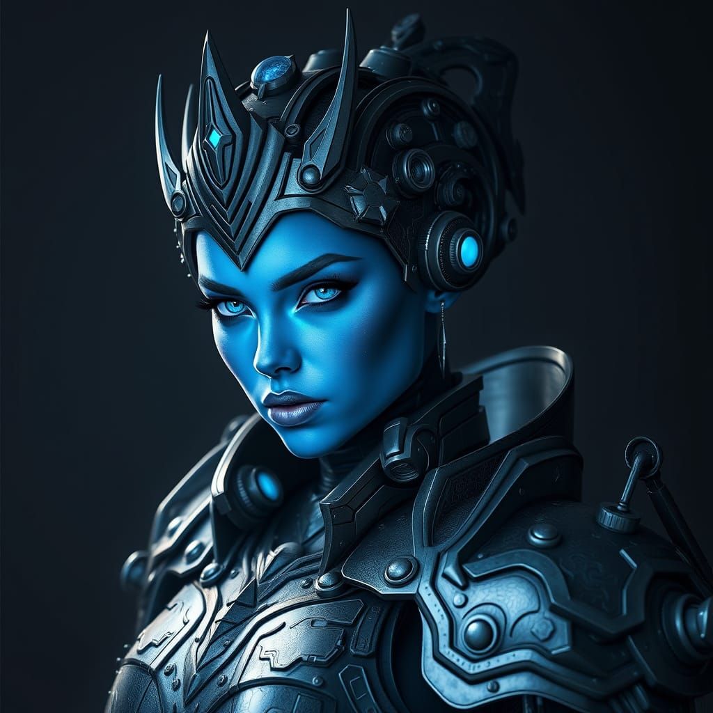 Surreal, Cyberpunk Female Warrior with Glowing Blue Eyes and...