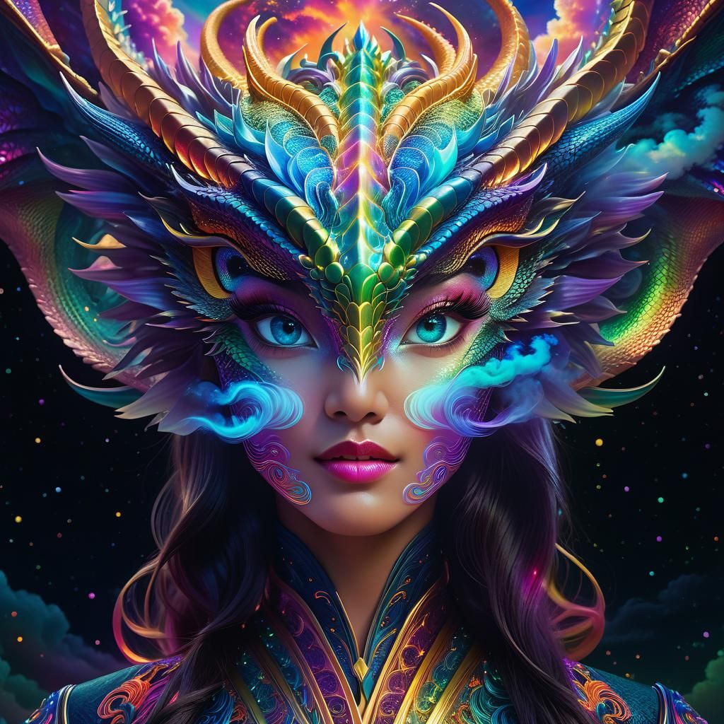 Iridescent Dragon Dances in Psychedelic Sky