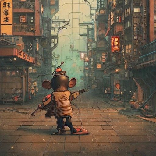 Steampunk Mouse in Cyberpunk City, Digital Illustration