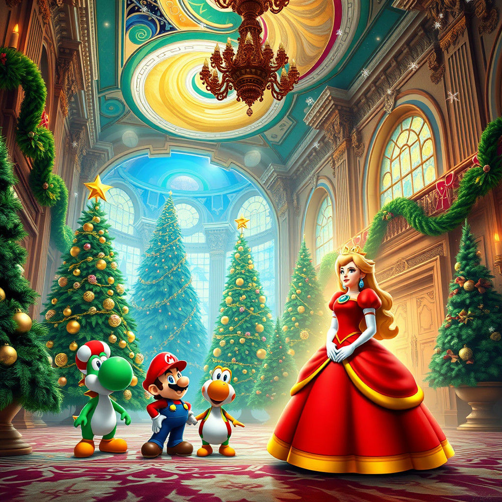 Mario Christmas Celebration in Abstract Art Style