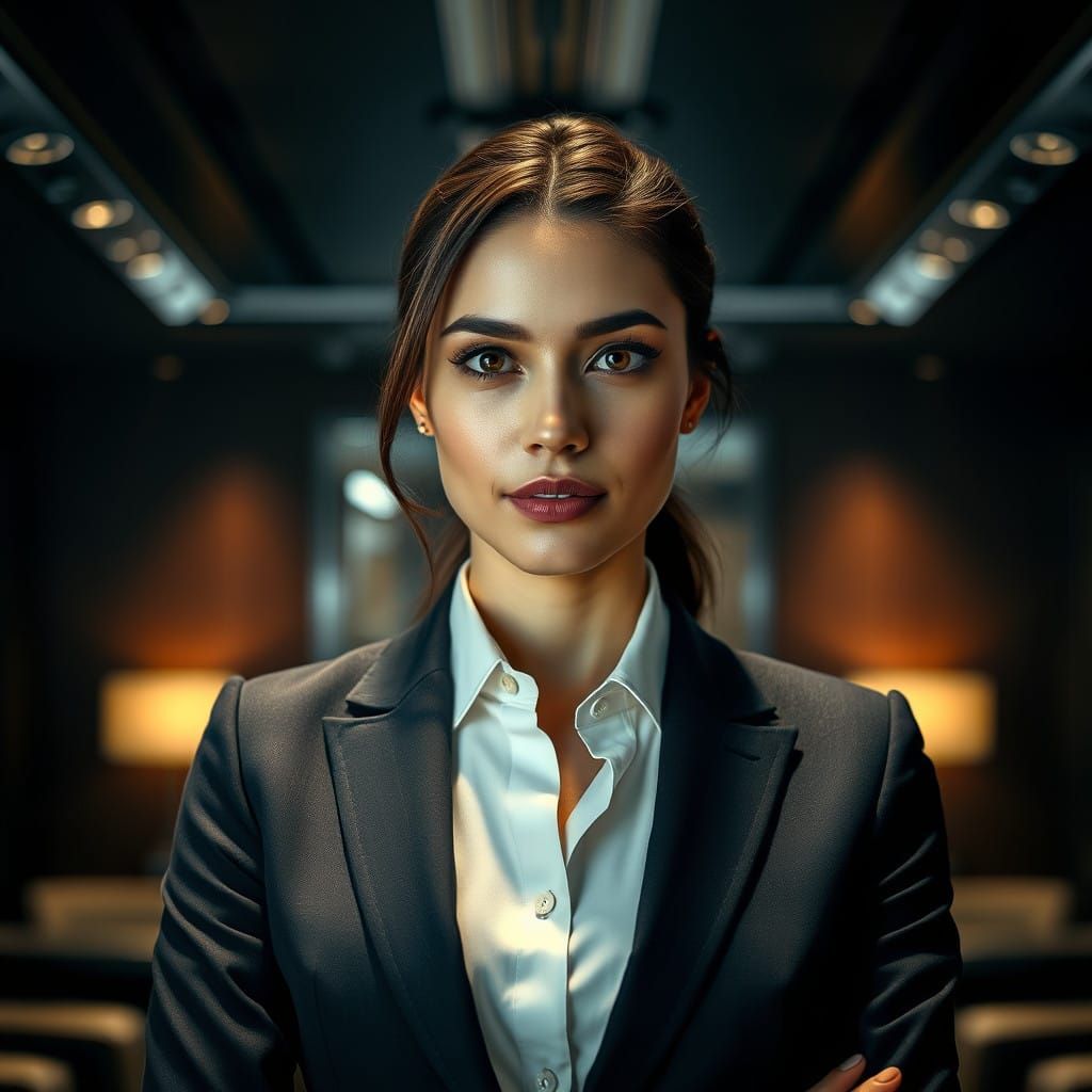 Confident Business Woman in Moody Office Environment