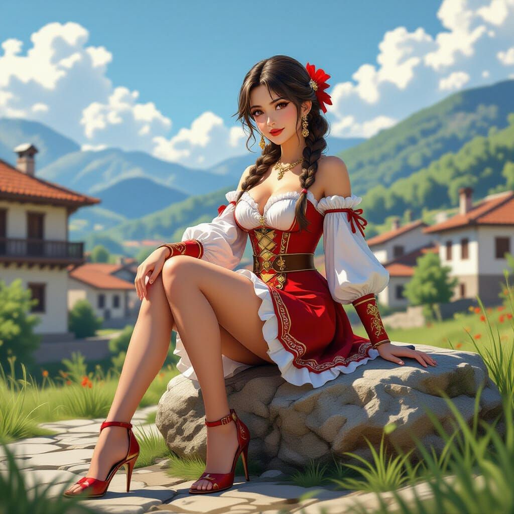 Traditional Macedonian Woman in Costume on Rock