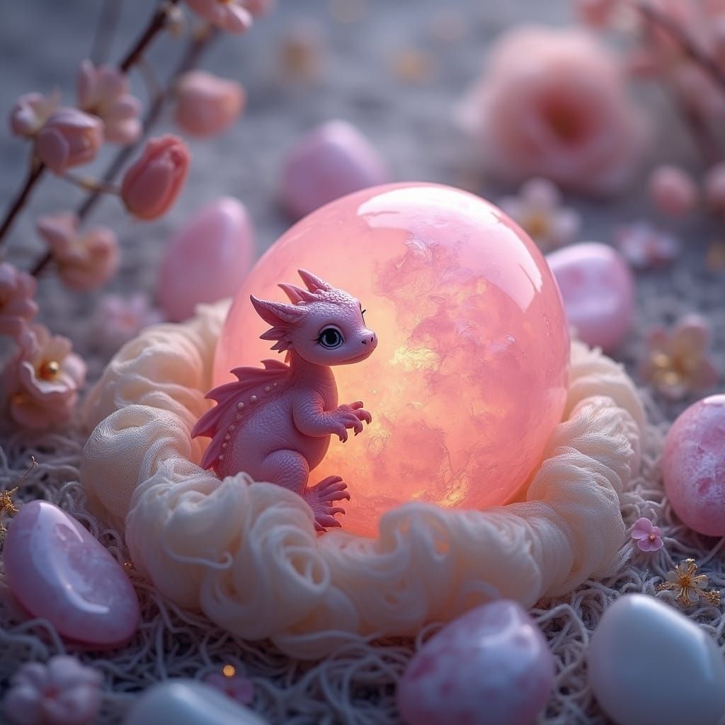 Delicate Rose Quartz Egg with Baby Dragon in Serene Silk Nes...
