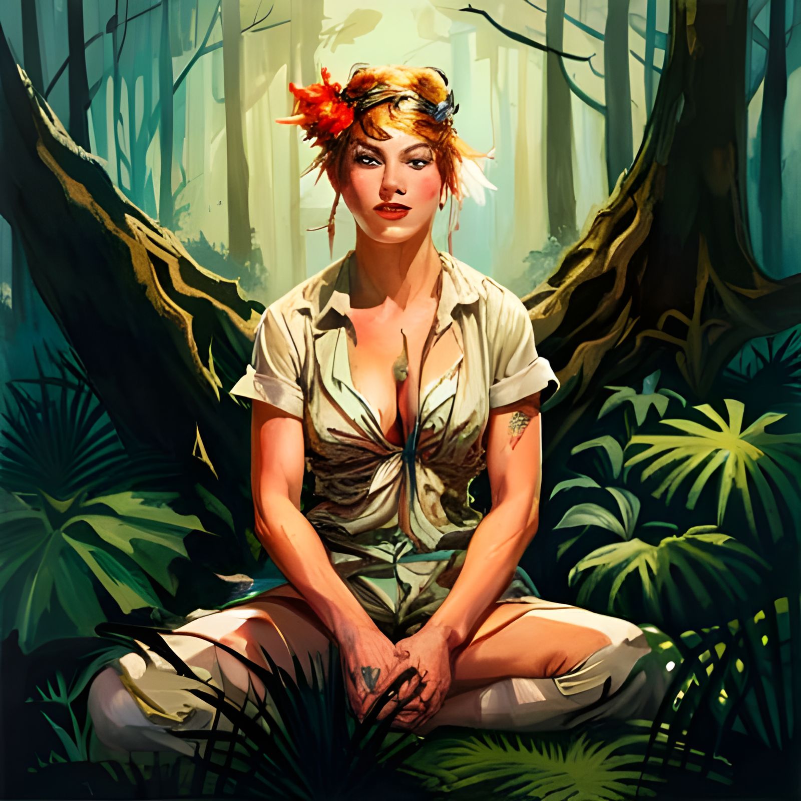 Tiger Queen in Forest, Pin-Up Comic Style