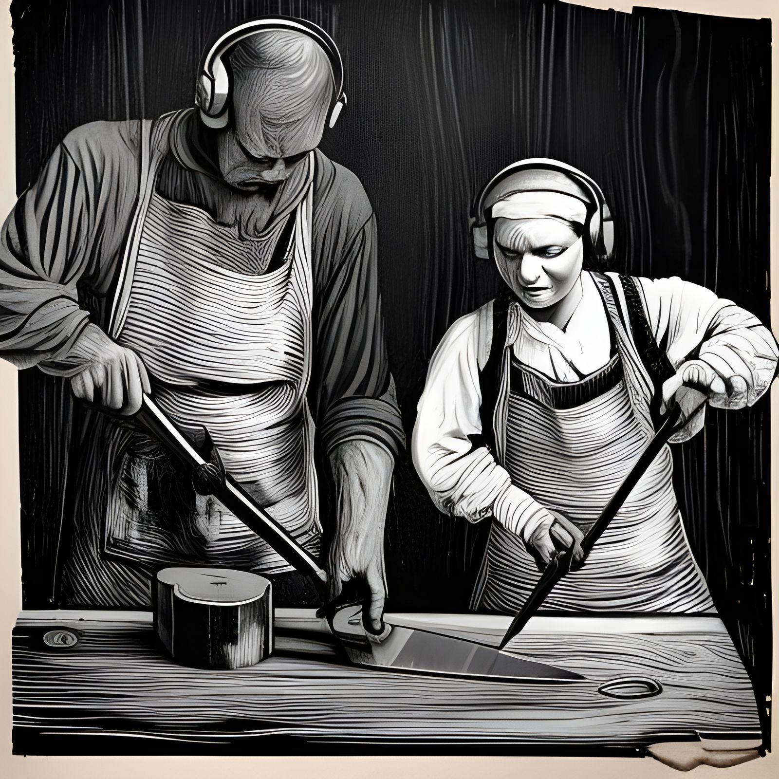 18th Century Laborers Forging Scissors, Linocut Style