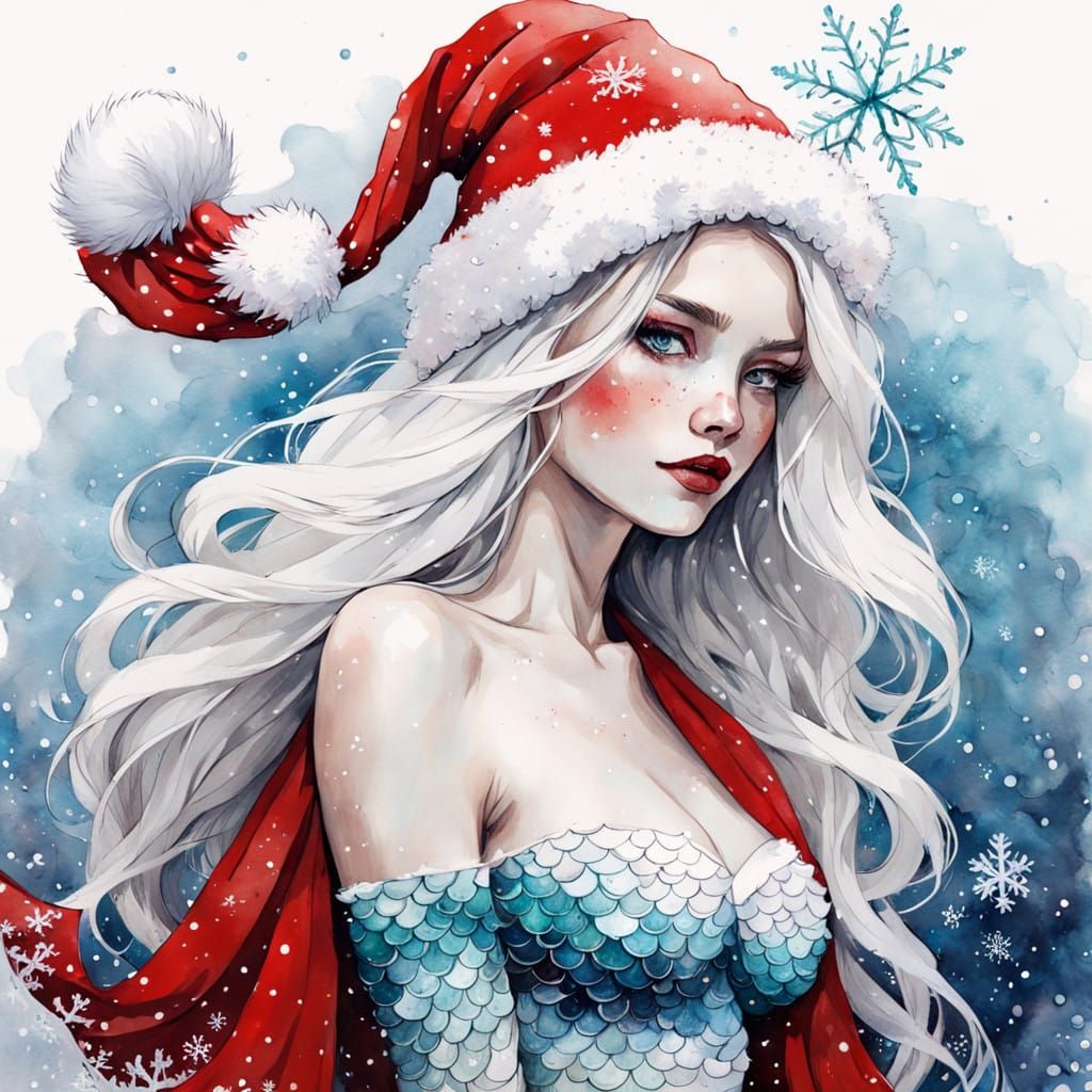 Festive Mermaid with Snowflake Scales and Christmas Accessor...