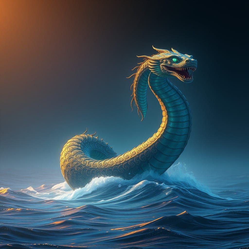 Mystical Ocean Serpent in Celtic-Inspired, Golden Haze