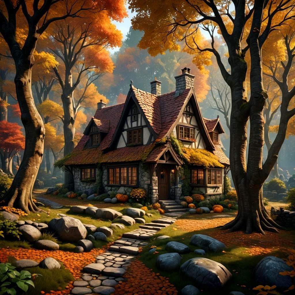 Autumn Cottage in the Woods: Matte Painting