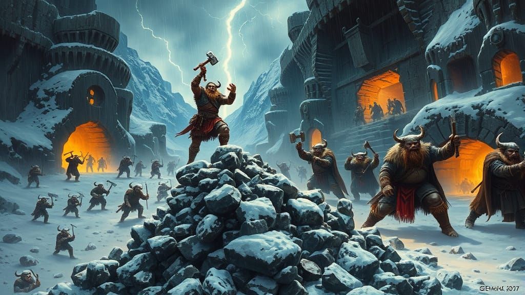 Epic Dwarven Battle in a Snow-Covered Mountain Landscape, in...