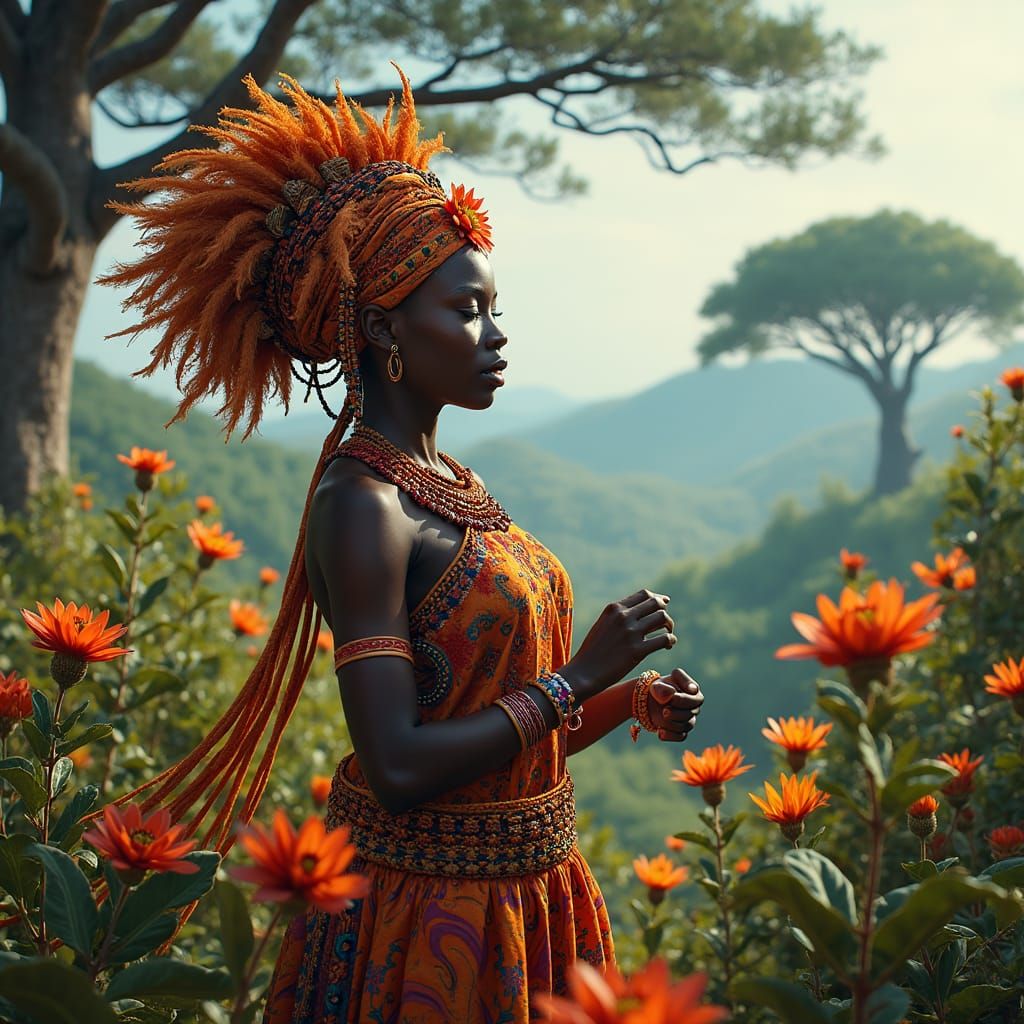 African Villager Celebration in Dreamlike Landscape