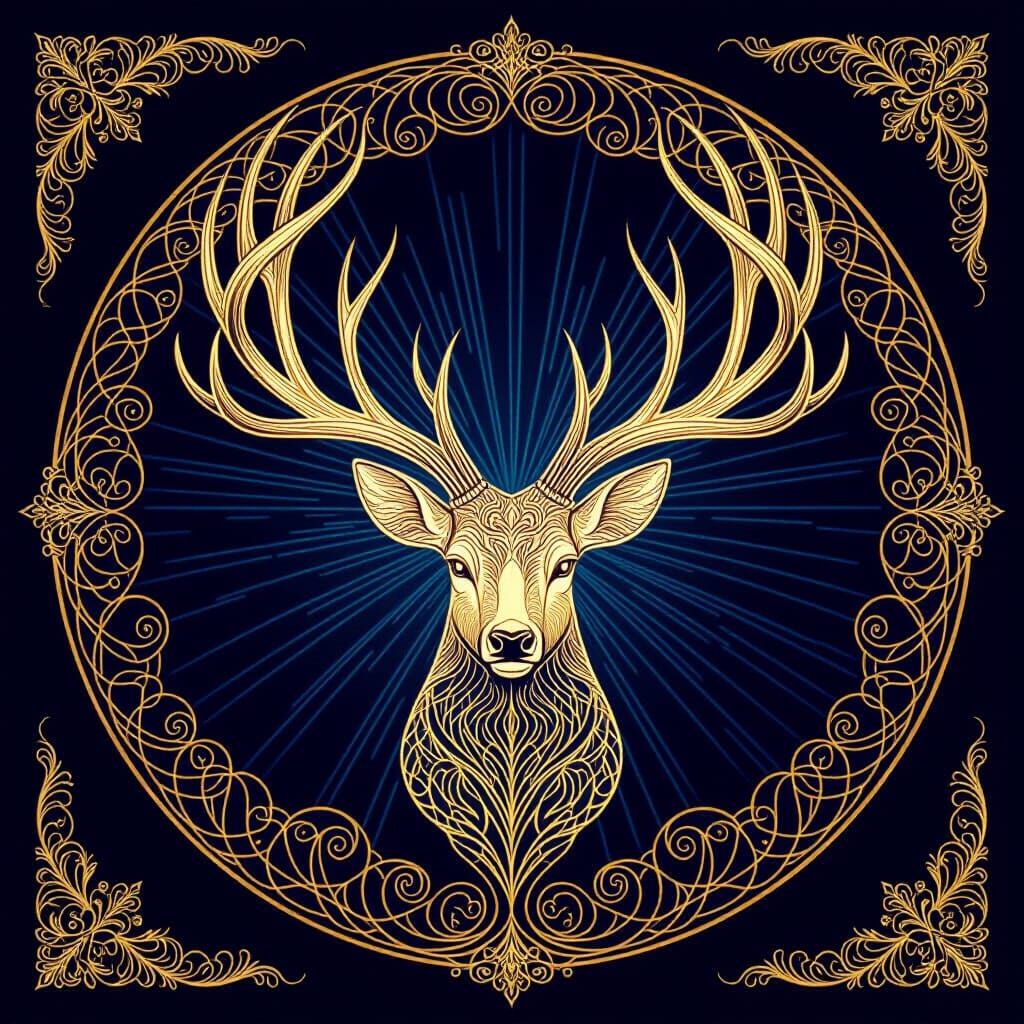 Golden Filigree Stag Antlers on Indigo Background