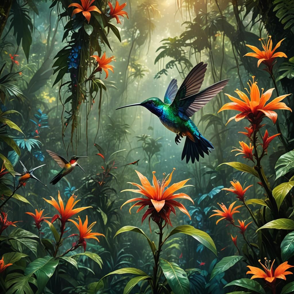 Hummingbird on Flower in Lush Rainforest: Matte Painting