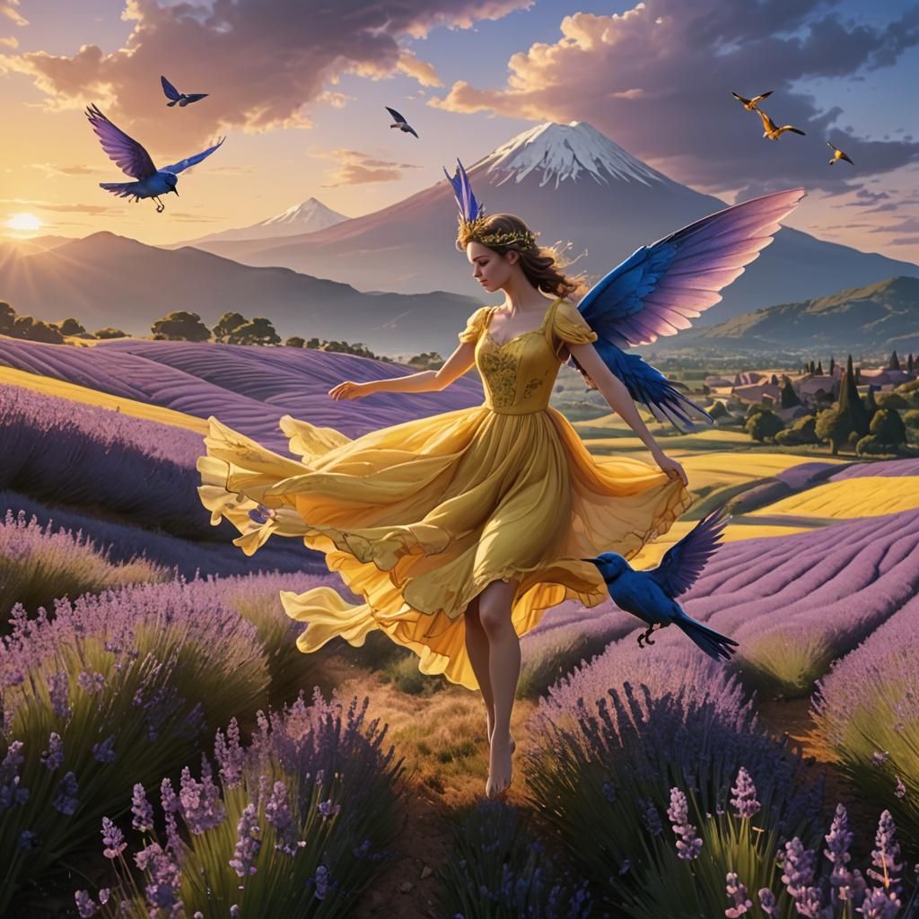 Fairy Kissing Bird in Lavender Field, Digital Art