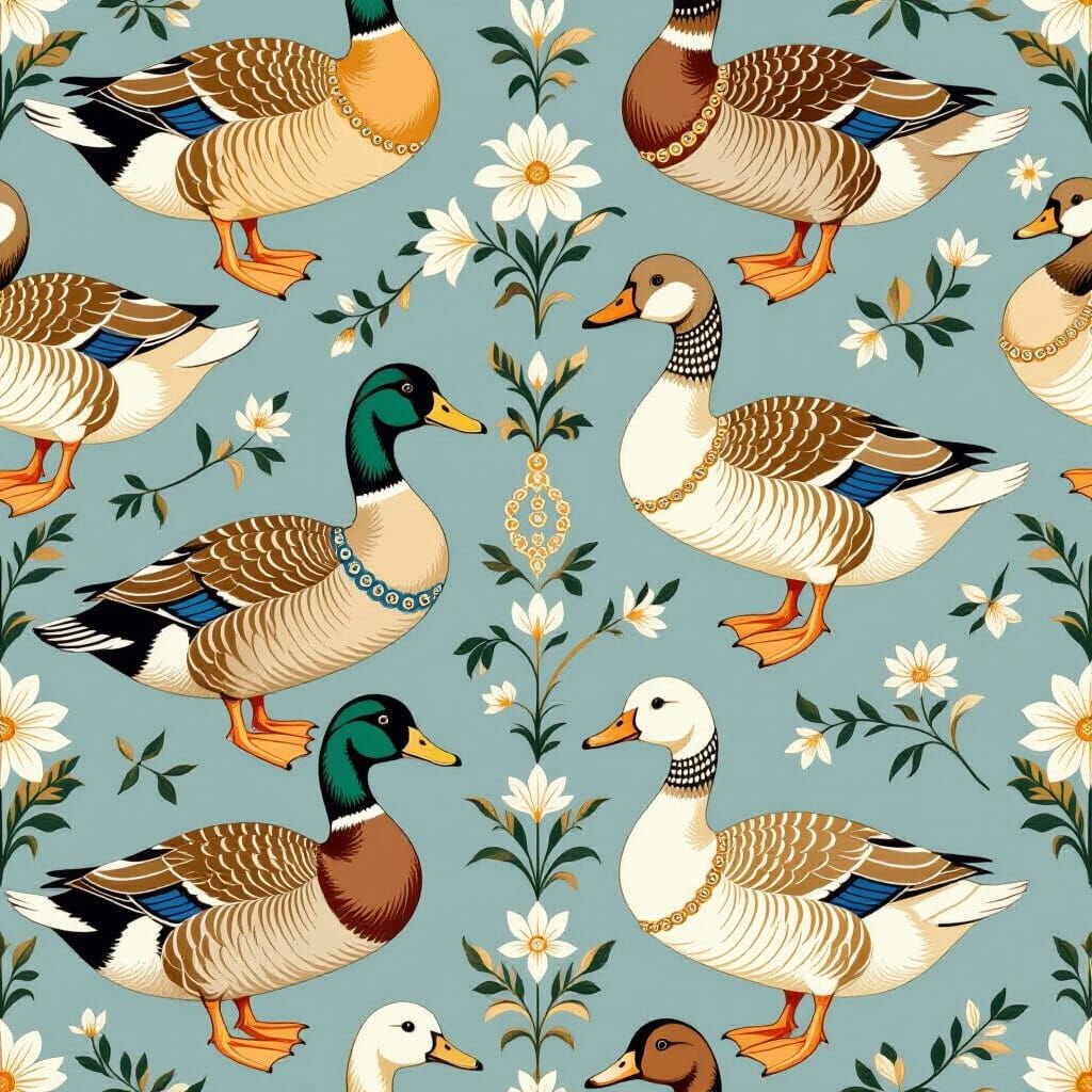 Whimsical Duck and Goose Wallpaper with Mayoral Chains