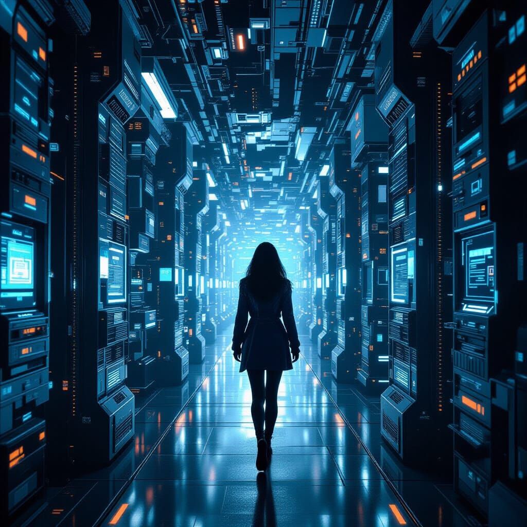 Cyberpunk Woman Navigating a Mainframe Labyrinth