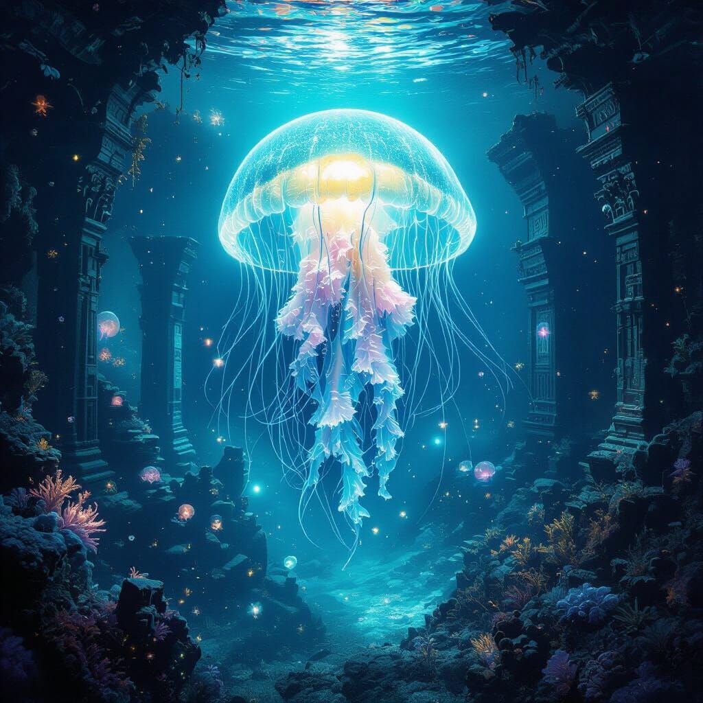 Bioluminescent Jellyfish Illuminates Sunken Ruins in Deep Se...