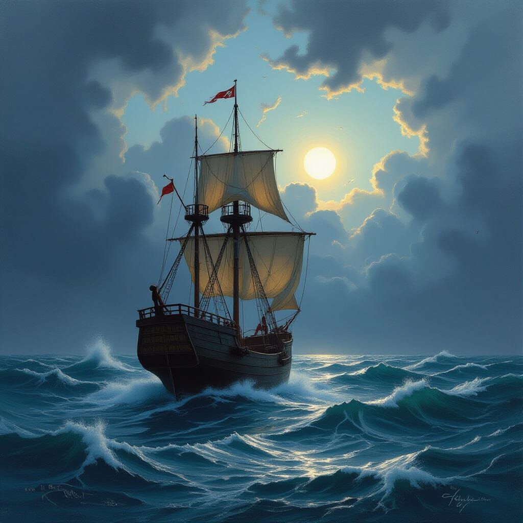 Battered Ship Sails Stormy Seas in Classical Style
