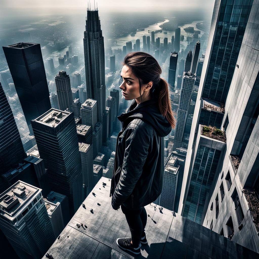 Girl on Skyscraper Edge: Hyperrealistic Cinematic Image
