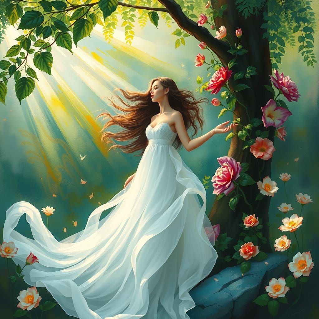 Ethereal Woman in Garden Symbolizing Eternal Life