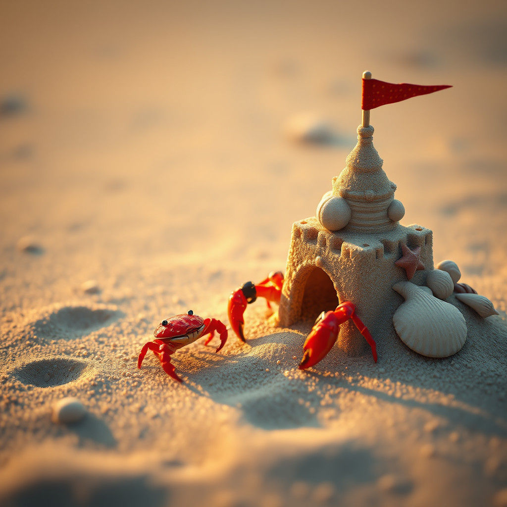 Red Crab Guarding Sandcastle at Dawn in Fantasy Style