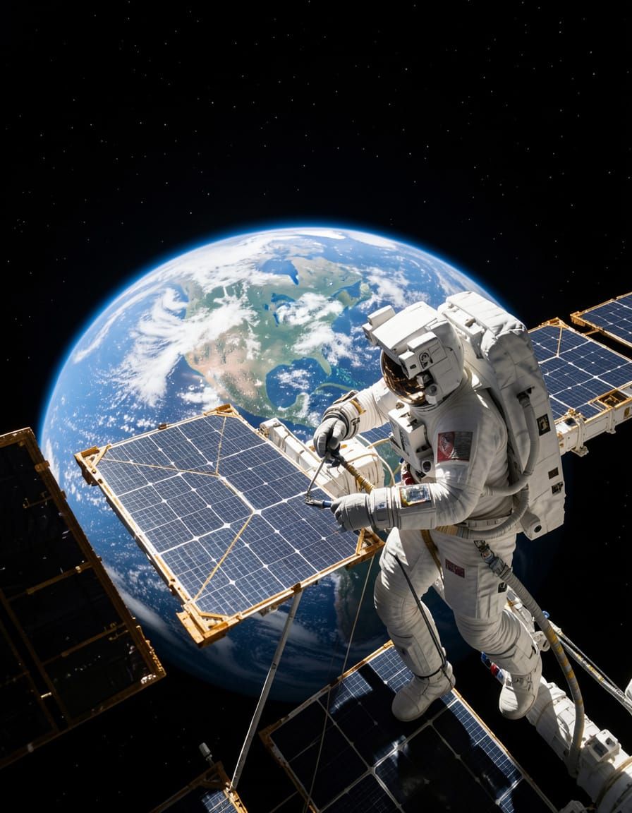 Astronaut Repairs ISS Solar Panels with Earth Below