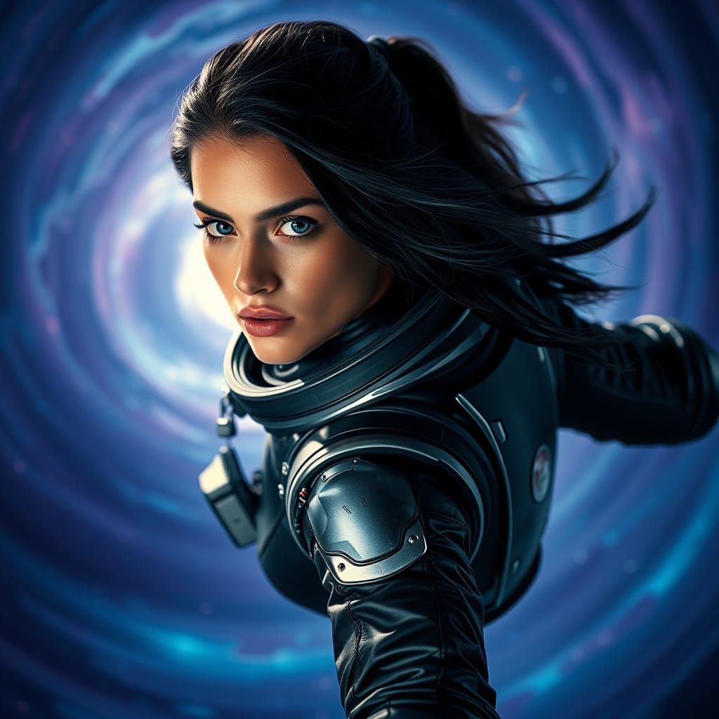 Woman in Spacesuit Floating in Deep Space
