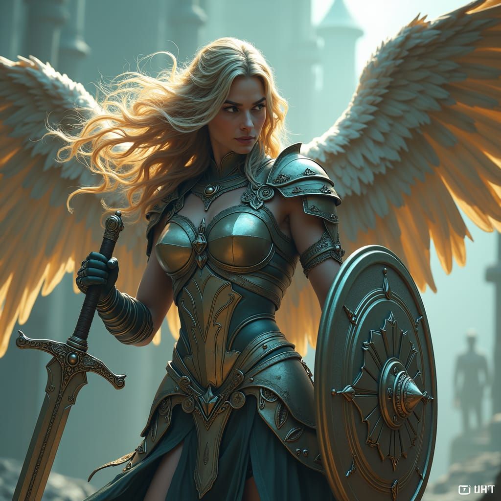 Valkyrie Battling Demons with Angelic Wings
