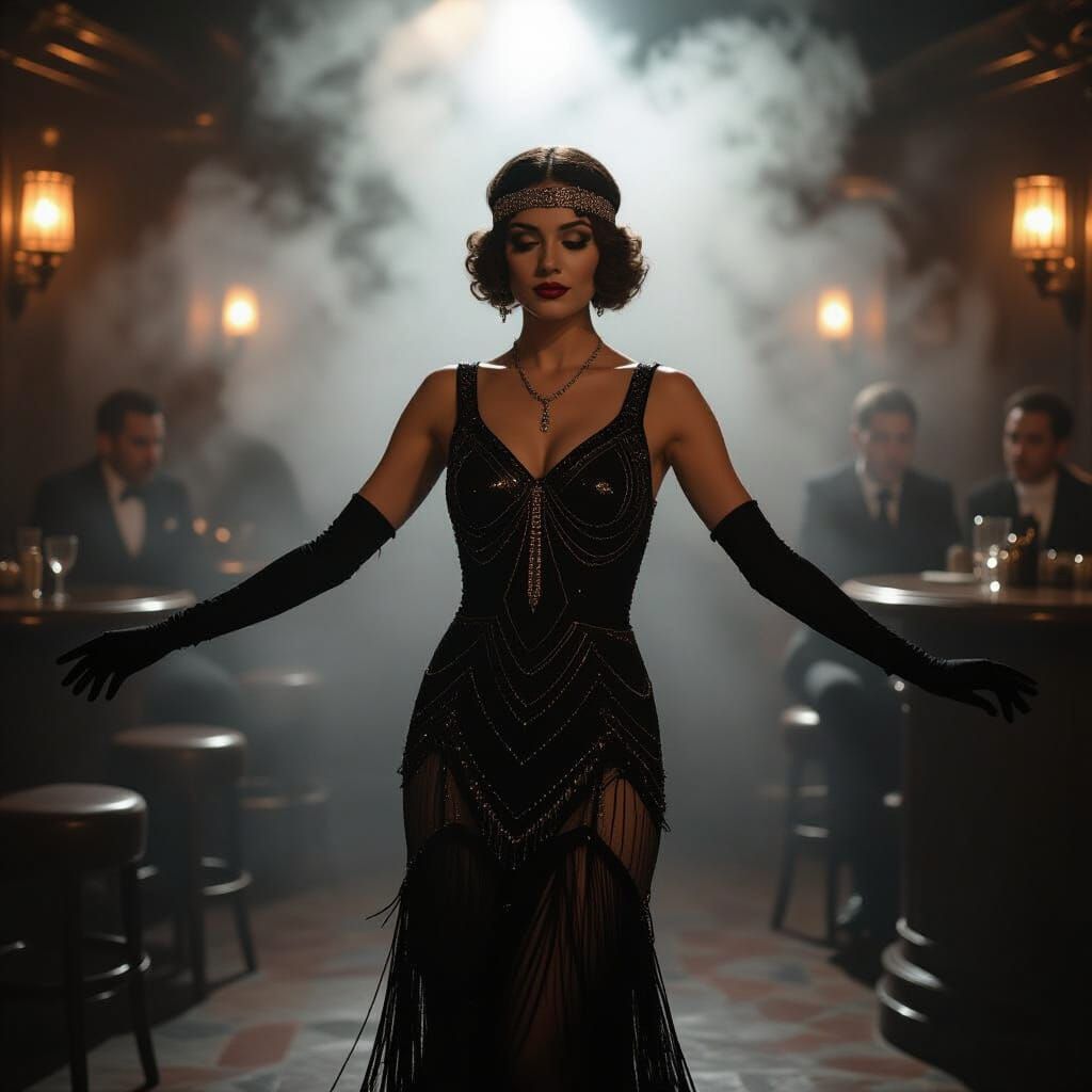 Gothic Flapper Dances in Smoky Speakeasy