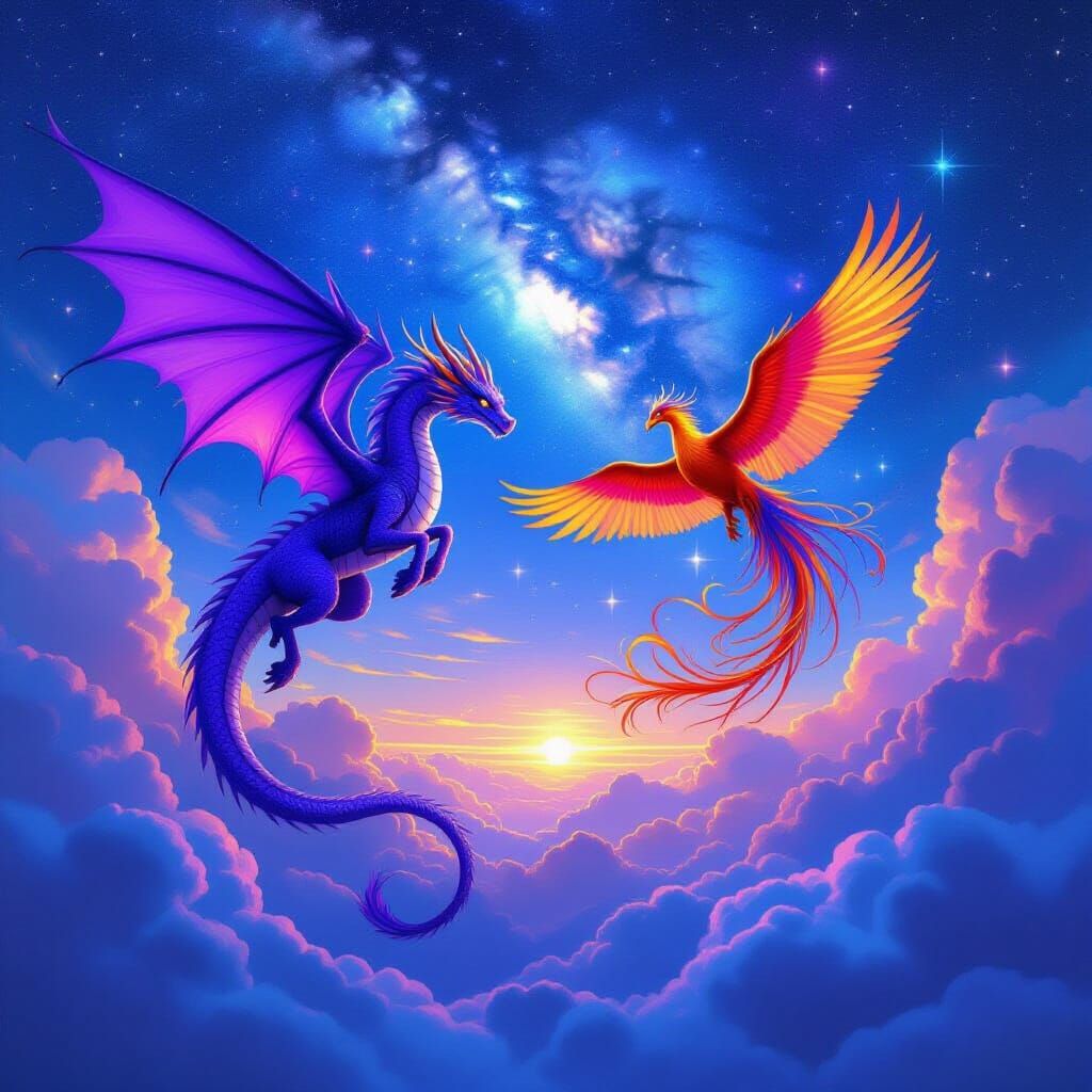 Majestic Dragon and Phoenix Soaring Through Galaxy