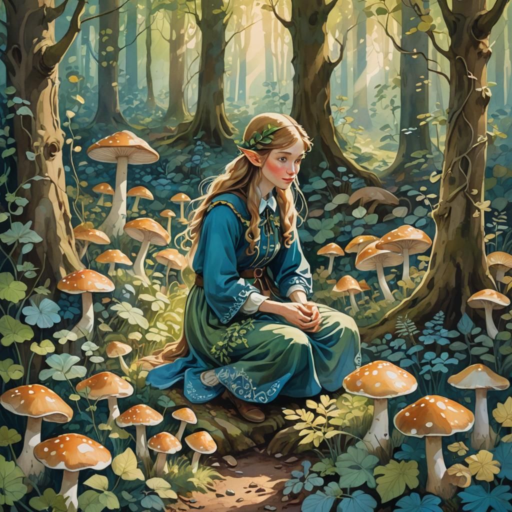 Elf in Forest Clearing Gouache Illustration