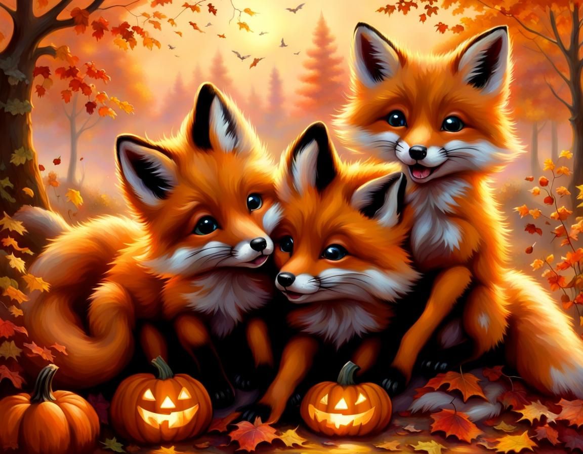 Baby Foxes Play in Autumnal Sunset