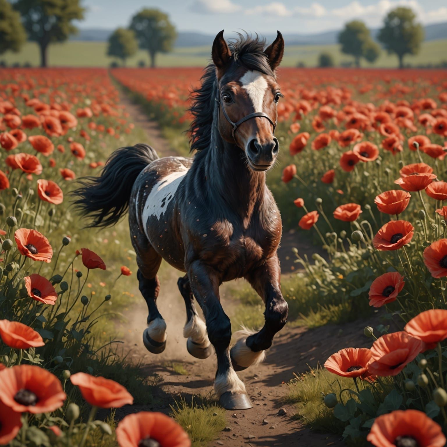 Hyper-Realistic Foal Running Through Poppy Field