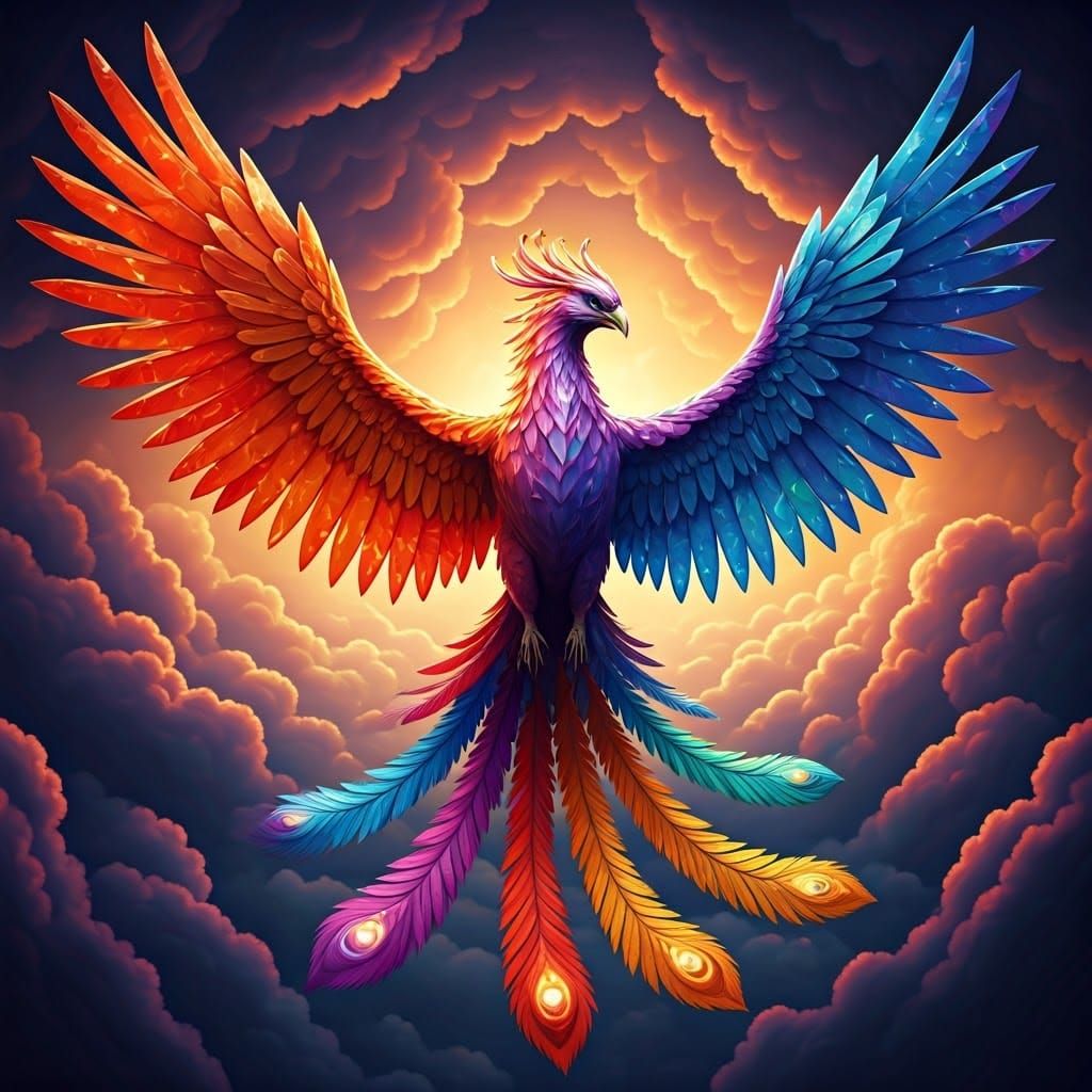 Rainbow Phoenix Soaring Through Clouds in Matte Painting